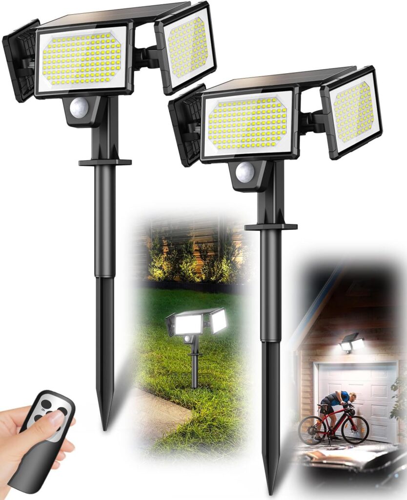Amiluo 2-in-1 Solar Spotlights Outdoor with Ground Stakes, 304 LED 3000LM Security Flood Lights with Remote, 3 Modes Solar Motion Sensor Lights Waterproof, Solar Wall Lights for Driveway Garage