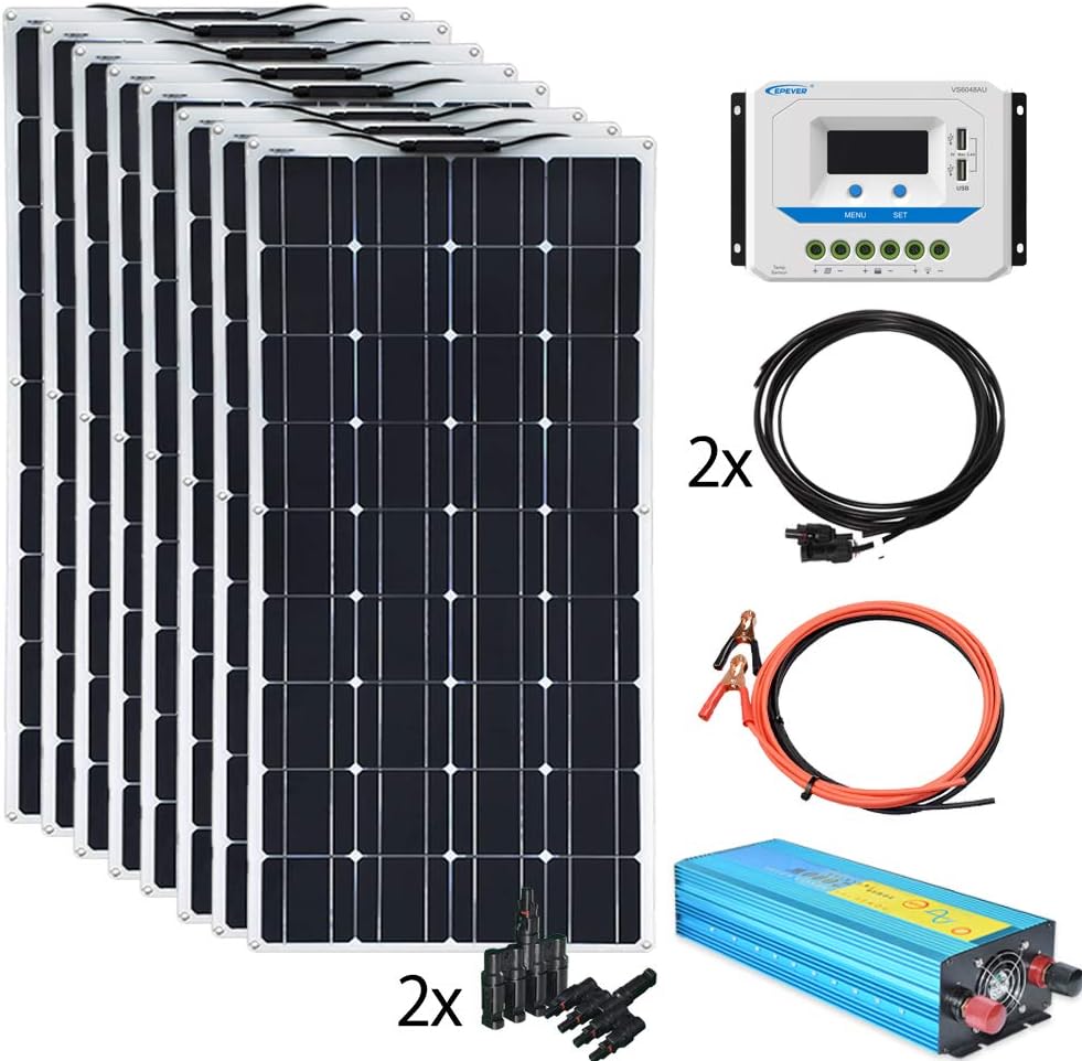 XINPUGUANG 800w 24V Solar System Kit 100w Flexible Solar Panels Monocrystalline Cell Module 2000w 110v Inverter ，12v/24v 45A Controller Off Grid Solar Battery Charge for RV,Cabin,Tent,Boat (800W)